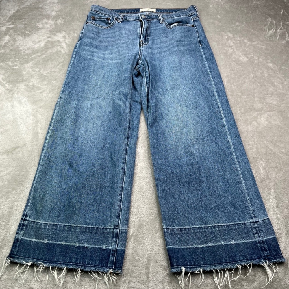 Gap 1969 Wide-Leg High Rise Jeans Womens‎ 28 Blue Medium Wash Raw Frayed Hem